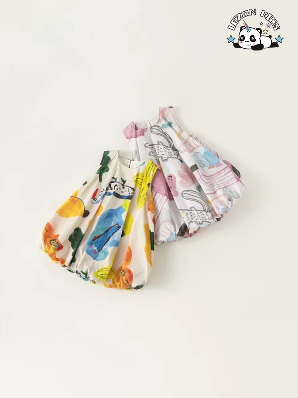 LEZONKIDS - Customizable Idear Cute Pattern Sleeveless Printing Kids Satin Fashion Kids Dresses for Girls